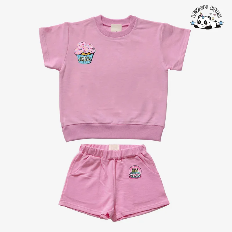 LEZONKIDS - Novo Produto Conjunto de Roupas de Verão para Meninas com Impressão de Bolo e Velas para 1 a 7 Anos